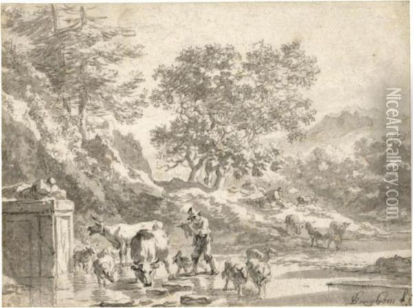 A Shepherd Playing The Flute, Crossing A Ford With His Flock Oil Painting - Nicolaes Berchem
