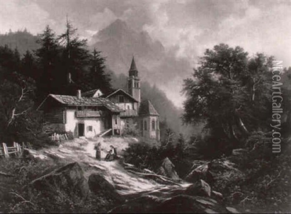 Alpine Landscape With Faggot Gatherers Resting, A Chalet And Church Beyond Oil Painting - Albert Rieger