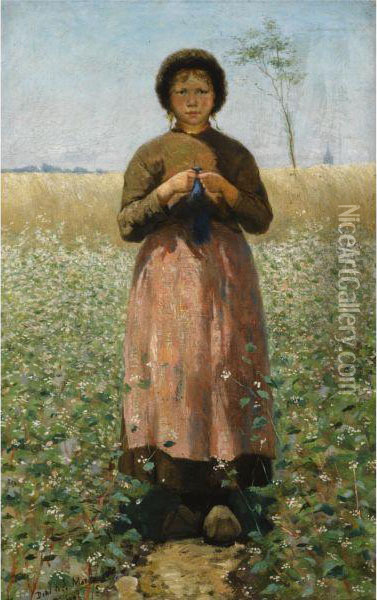 A Peasant Girl In A Field Of Flowers Oil Painting - David De La Mar