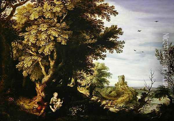 A wooded landscape with a Rest on the Flight to Egypt Oil Painting - Alexander Keirincx