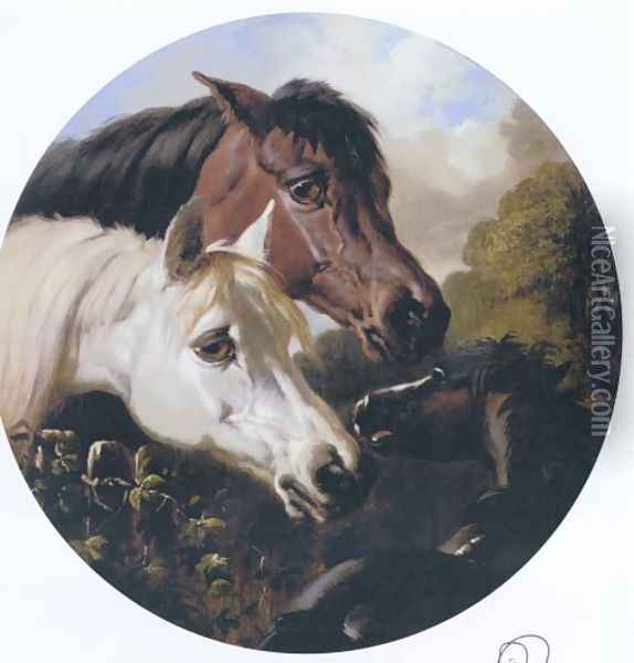 Two Hoeses And A Foal Oil Painting - John Frederick Herring Snr