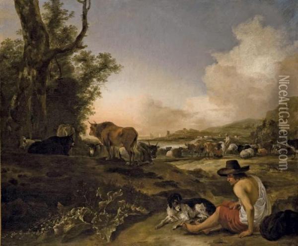 Berger Assis Dans Un Paysage Avec Son Chien Oil Painting - Jan Baptist Weenix