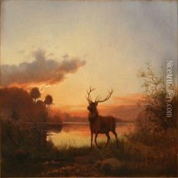 Evening Landscape With A Stag Oil Painting - Carl Henrik Bogh