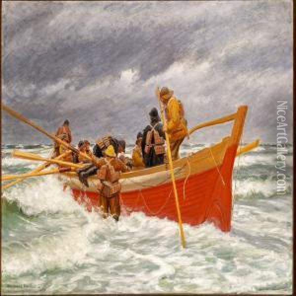 The Red Lifeboat Is Leaving Oil Painting - Michael Ancher