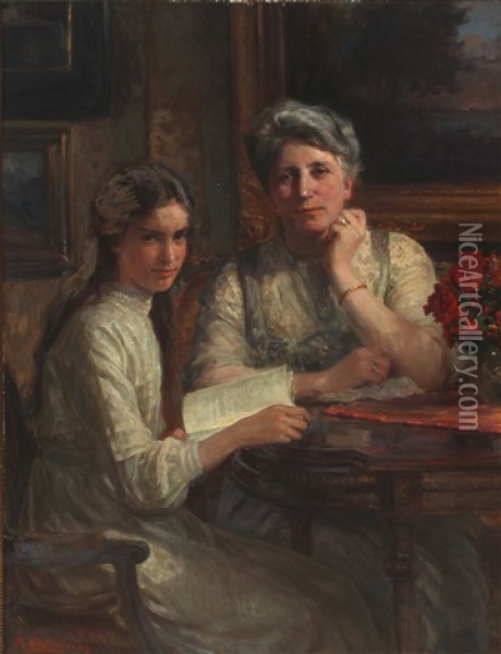 Double Portrait Of Mary Norgaard, Nee Logan, With Her Daughter Elsie Norgaard, Married Dybdal Oil Painting - Knud Erik Larsen
