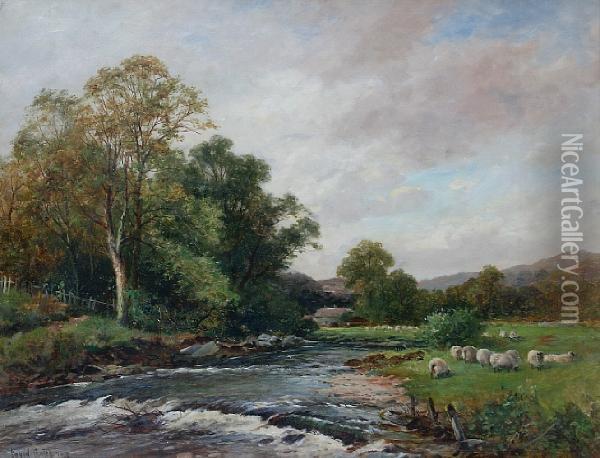 Banks Of The Honddu, Brecon Oil Painting - David Bates