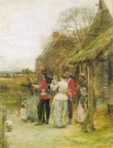Soldiers With Family Before A Cottage Oil Painting - John Robertson Reid