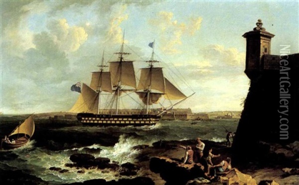 H.m.s. 'bellerophon' Entering Port Mahon Harbour Oil Painting - Antoine Roux