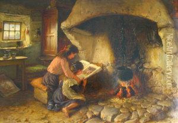 A Cottage Interior With Two Children Reading A Book By The Fire Oil Painting - Jonathan Pratt