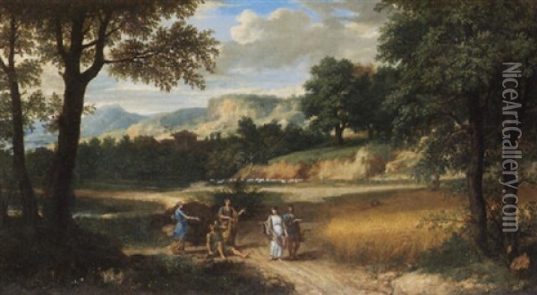 An Arcadian Landscape With Harvesters Oil Painting - Francisque Millet