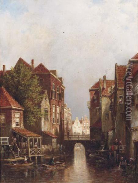 Figures By A Canal In A Dutch Town Oil Painting - Pieter Gerard Vertin