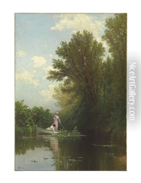 Gathering Water Lilies At Curzon's Mills, Newburyport, Massachusetts Oil Painting - Alfred Thompson Bricher