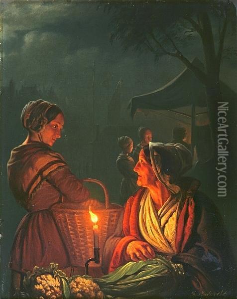 Women At A Night Market Oil Painting - Arnoud Wydeveld