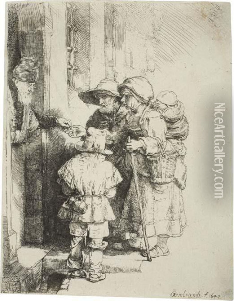 Beggars Receiving Alms At A Door Oil Painting - Rembrandt Van Rijn