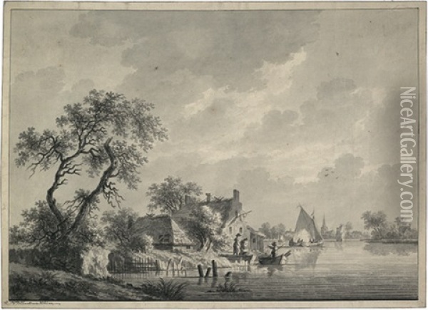 Niederlandische Fluslandschaft Mit Fischern Bei Einem Dorf (lexmond) Oil Painting - Nicolaes Wicart