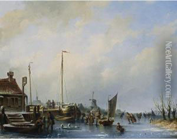 A Harbour In Winter With Figures On The Ice Oil Painting - Johannes Hilverdink