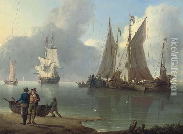 Dutch Hoys And A Warship At Anchor Off The Low Countries Oil Painting - Charles Martin Powell