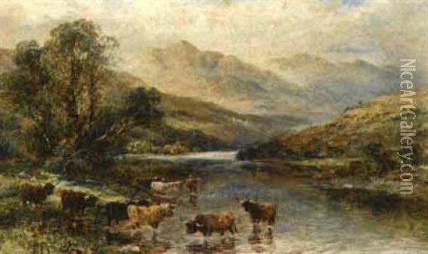 Cattle In A Stream Oil Painting - William Langley