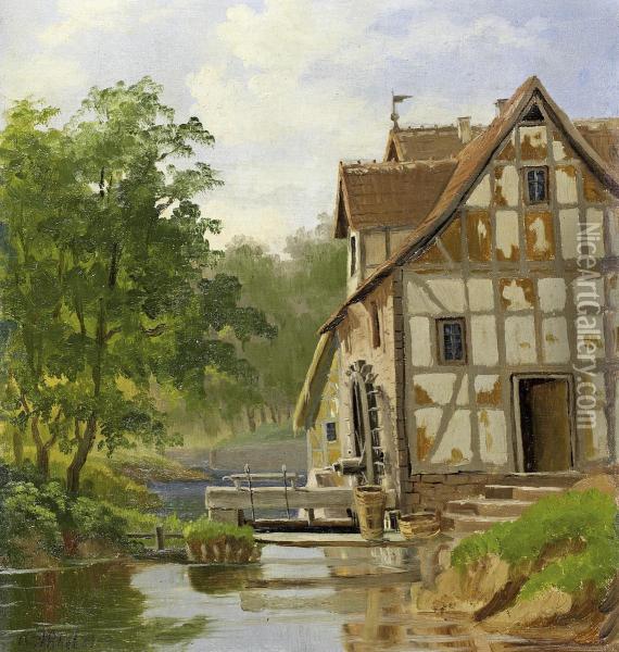 Small Watermill Oil Painting - Fritz Carl Werner Ebel