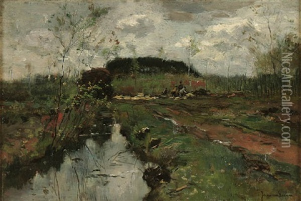 Workers In An Impressionistic Landscape Oil Painting - Jan Van Essen