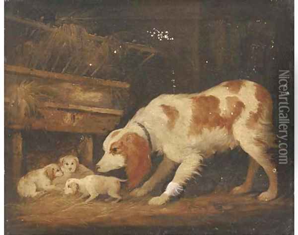 A spaniel with her pups in a barn Oil Painting - George Garrard