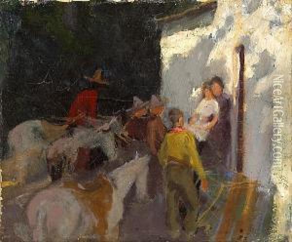 Cowboys Tying Up Horses By An Adobe Oil Painting - Laverne Nelson Black