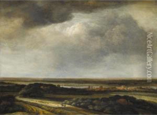 A Panoramic River Landscape With Drovers In The Foreground Oil Painting - Philips Koninck