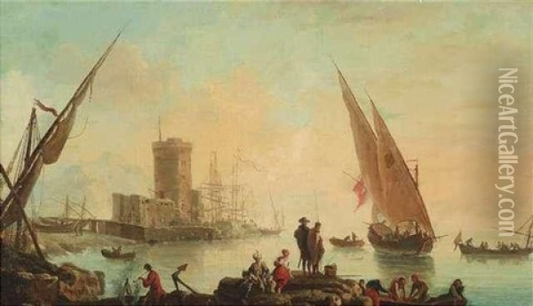 Sudlandische Hafen. Im Vordergrund Figurenstaffage Oil Painting - Charles Francois Lacroix