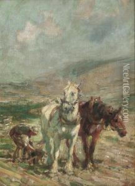 On The Sussex Downs Oil Painting - Nathaniel Hughes John Baird