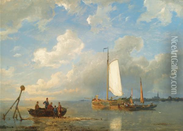 Shipping In A Dutch Estuary At Low Tide Oil Painting - Pieter Cornelis Dommershuijzen