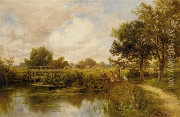 A Fishing Party, With Haymakers Beyond Oil Painting - Henry H. Parker