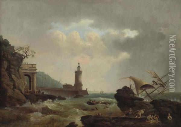 A Capriccio Of An Italian 
Lighthouse, With A Vessel Wrecked On The Rocks And Rescuers On The 
Foreshore Oil Painting - Claude-joseph Vernet