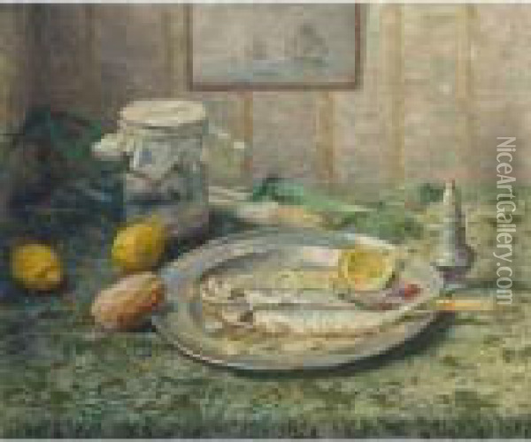 A Kitchen Still Life With Fish And Lemon Oil Painting - Evert Pieters
