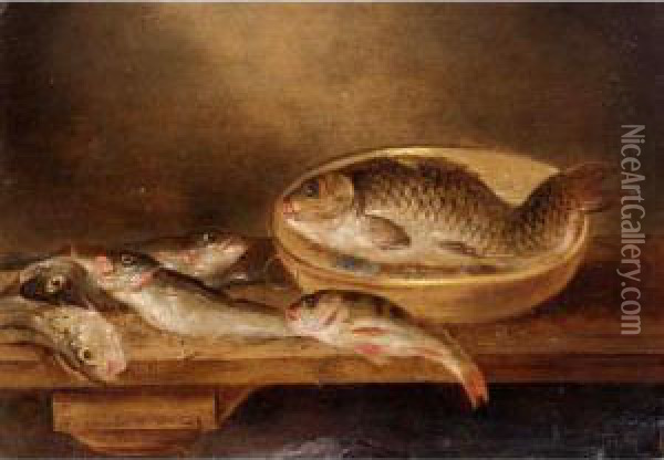 A Still Life Of Fish On A Wooden Table Oil Painting - Alexander Adriaenssen