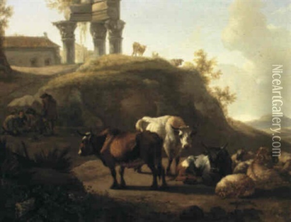 Cattle And Sheep With Peasants And Ancient Ruins Beyond Oil Painting - Willem Romeyn