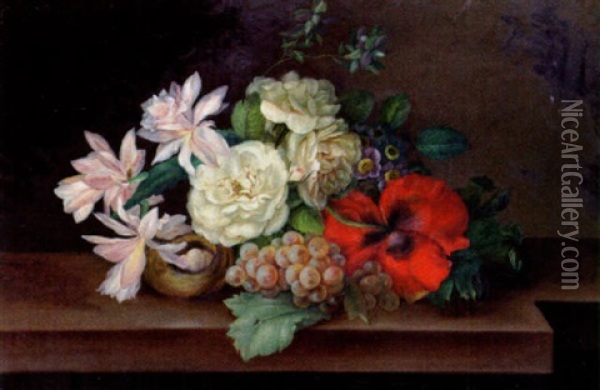 Stilleben Med Blommor, Druvor Och Fagelbo Oil Painting - Barbara (Betty) Croneborg