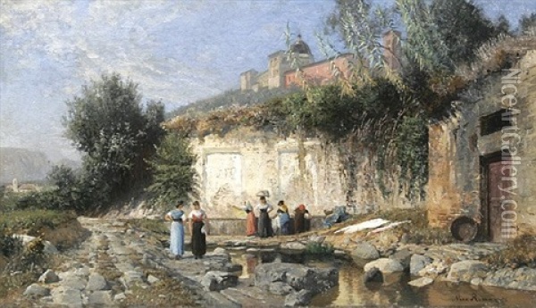 Italienische Landschaft Mit Frauen An Einem Brunnen Oil Painting - Max Wilhelm Roman