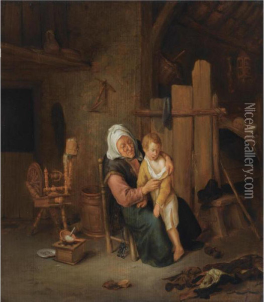 A Woman Undressing A Young Boy 
In An Interior, Another Child Lying In A Bed In The Background Oil Painting - Jan Steen