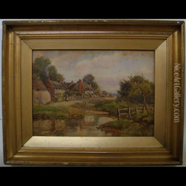 Figures And Ducks Before Cottages Oil Painting - James W. Milliken