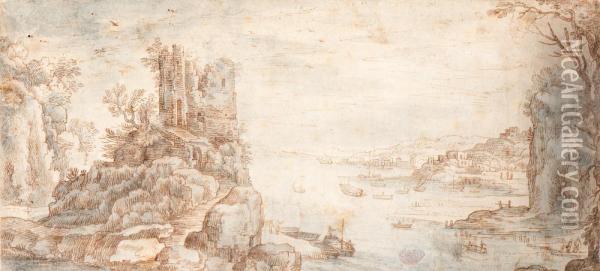 View Of A Ruined Castle And A Busy Port Oil Painting - Paul Bril