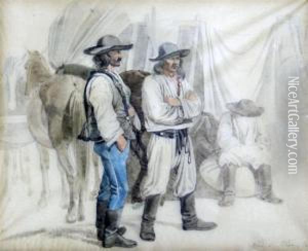 Horsemen By Their Mounts Oil Painting - Johan Adam Klein