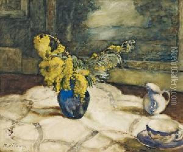 Mimosas Dans Vase Bleue Oil Painting - Pierre Nilouss