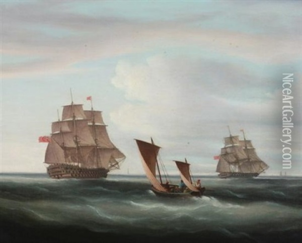 A Frigate And Man O'war Of The Channel Squadron Oil Painting - Thomas Buttersworth