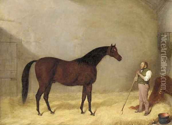 A bay hunter with a groom in a stable Oil Painting - Martin Theodore Ward