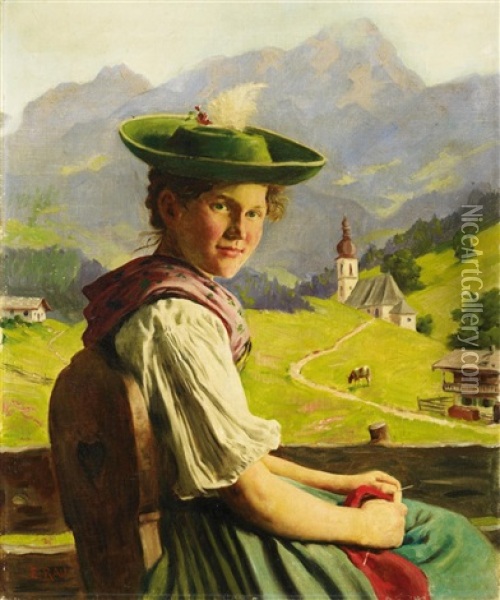Portrat Eines Strickenden Madchens Vor Der Kulisse Eines Alpentals Oil Painting - Emil Rau