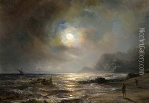 Strandszene Bei Vollmond Oil Painting - Baron Jean Antoine Theodore Gudin