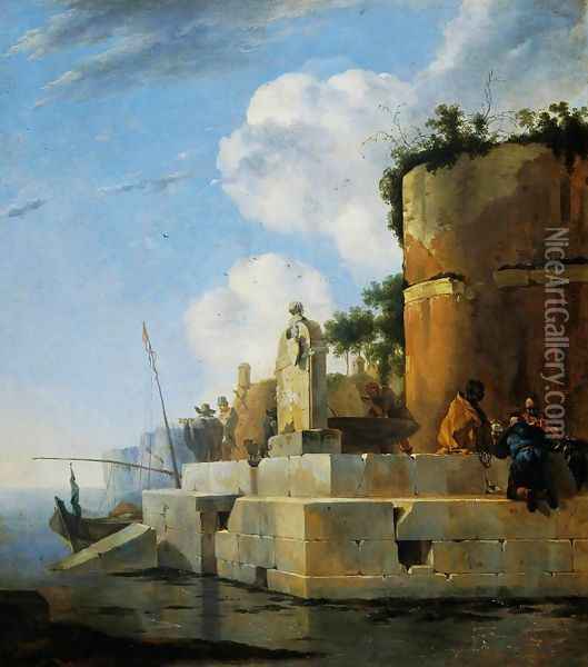 A Waterside Ruin in Italy Oil Painting - Jan Asselyn