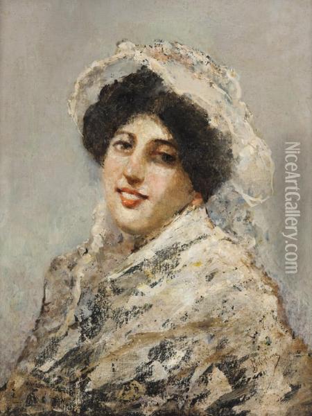 Ritratto Di Giovane Donna In Bianco Oil Painting - Salvatore Postiglione