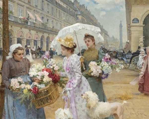 La Marchande De Fleurs, Rue De Rivoli Oil Painting - Louis Marie de Schryver