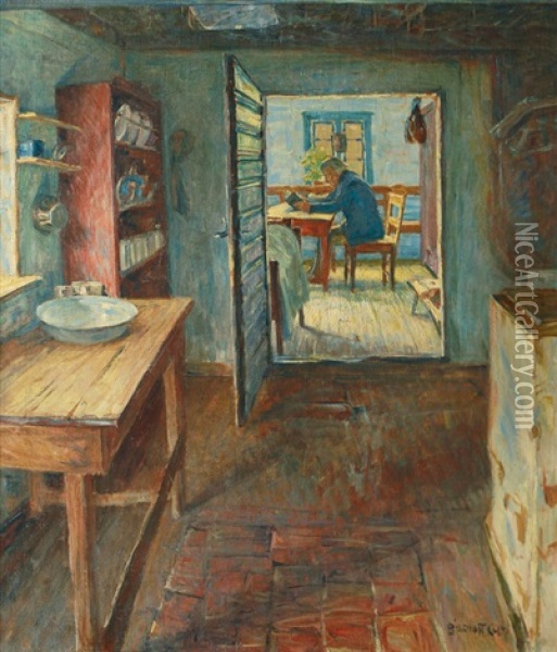 Reading In A Courtyard In Nidden Oil Painting - Ernst Bischoff-Culm